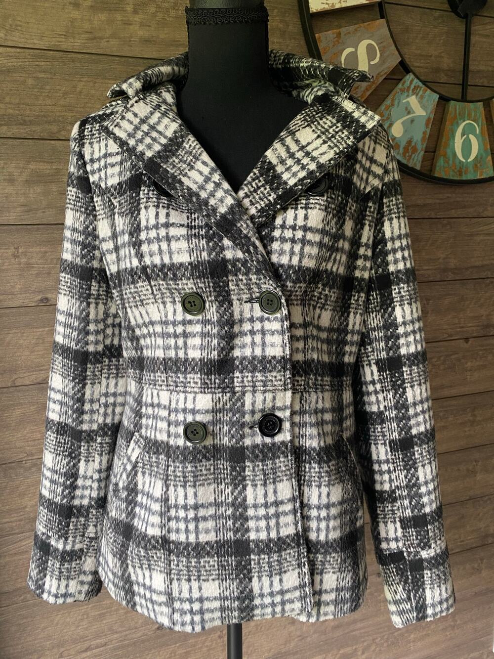 JouJou Black and White Plaid Peacoat Size S Like New